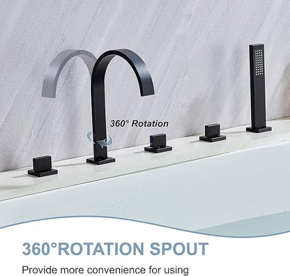 High Arc 5 Hole Roman Tub Filler with Handheld Showerhead Bathroom Widespread Waterfall Bathtub Faucet Set Deck Mounted, Matte Black