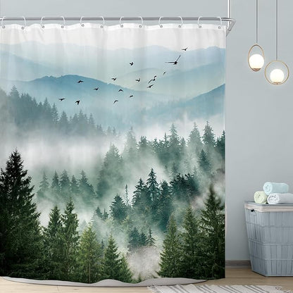 Riyidecor Long Green Shower Curtain 72Wx78H Inch Mountain Scenery Natural Pine Tree View Rustic Scene Landscape Netural Mens Women Bathroom Decor Fabric Polyester Waterproof 12 Pack Hooks