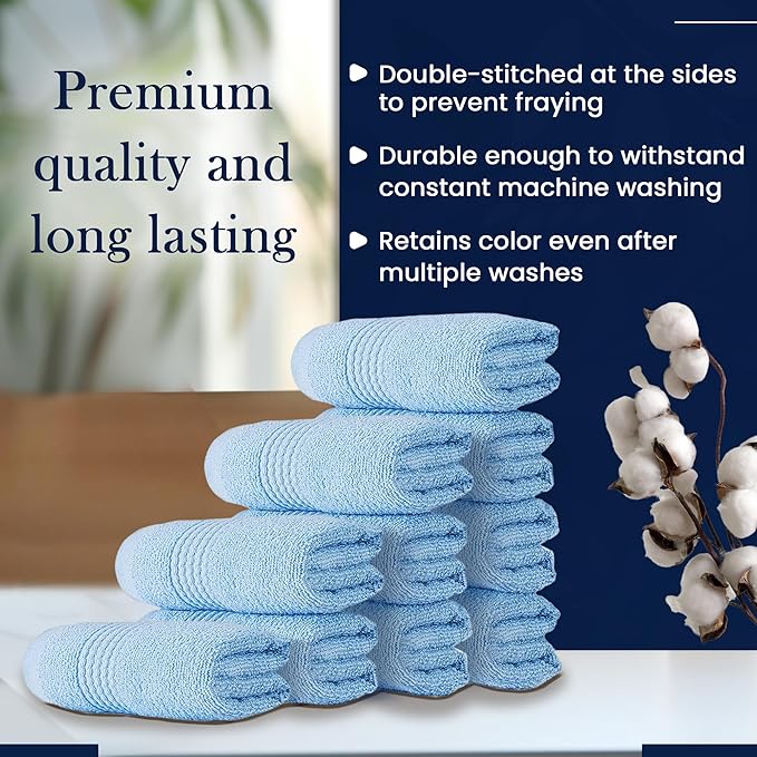 HALLEY Turkish Cotton Towels (Pack of 10) Washcloths Super Soft Highly Absorbent 100% Cotton Fingertip Towels for Bathroom and Kitchen for Mother’s Day (Powder Blue)