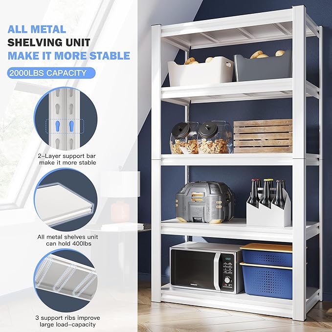 Raybee Garage Shelving, 2000LBS Storage Shelves, White Metal Shelves, 5 Tier Adjustable Heavy Duty Shelving for Pantry Kitchen Closet Basement Warehouse 16.5" D x 32" W x 63" H