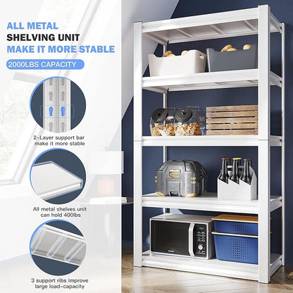 Raybee Garage Shelving, 2000LBS Storage Shelves, White Metal Shelves, 5 Tier Adjustable Heavy Duty Shelving for Pantry Kitchen Closet Basement Warehouse 16.5" D x 32" W x 63" H