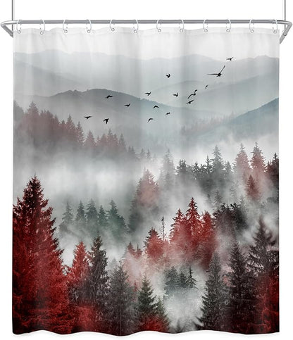 Riyidecor Red Black Mountain Shower Curtain 60Wx72H Inch Nature Woods Scenery Foggy Scenic Landscape Woodland Rustic Landscape Natural Bathroom Decor Fabric Polyester Waterproof 12 Pack Hooks
