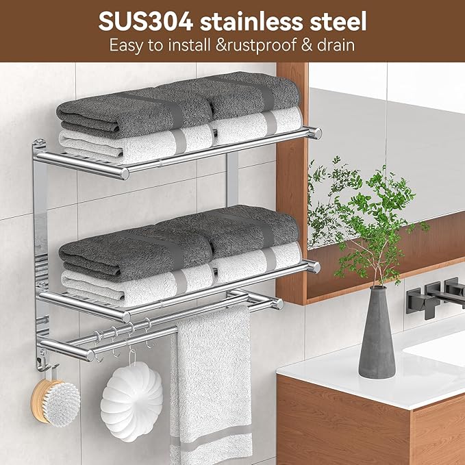 Bathroom Towel Rack with Shelf and Towel Bar, 2-Tier Expandable (16.9 to 28 Inches) SUS304 Stainless Steel, Wall Mounted or Adhesive, 4 Sliding Hooks Rust Resistant, Rounded Corners, Side Guards