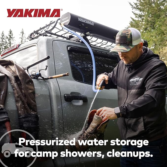 Yakima RoadShower Portable Aluminum Pressurized Water Storage with Garden Hose Adapter and 2 Outlet Water Ports