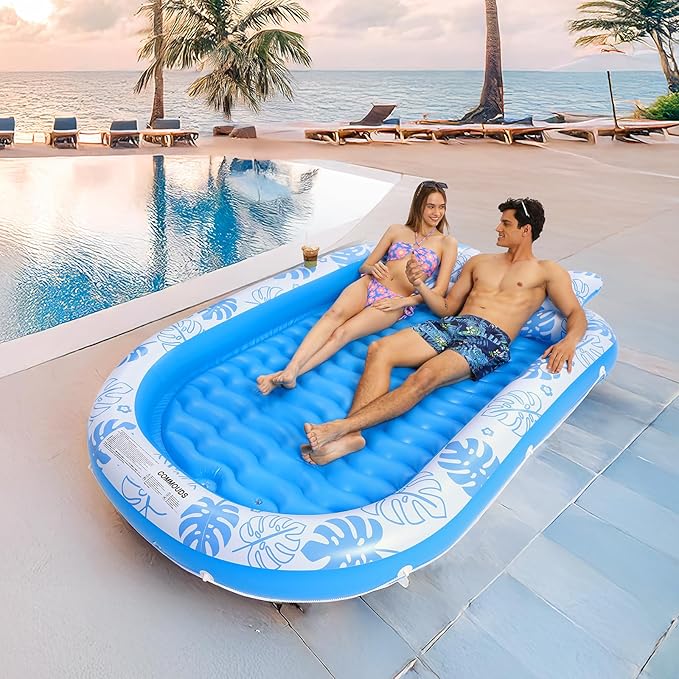 Inflatable Tanning Pool Lounger Float with Cervical Pillow - Pool Floats Adult for Sunbathing, Backyard, Pool Party - Inflate Ball Pit for Babies - Kids Swimming Pool Bed