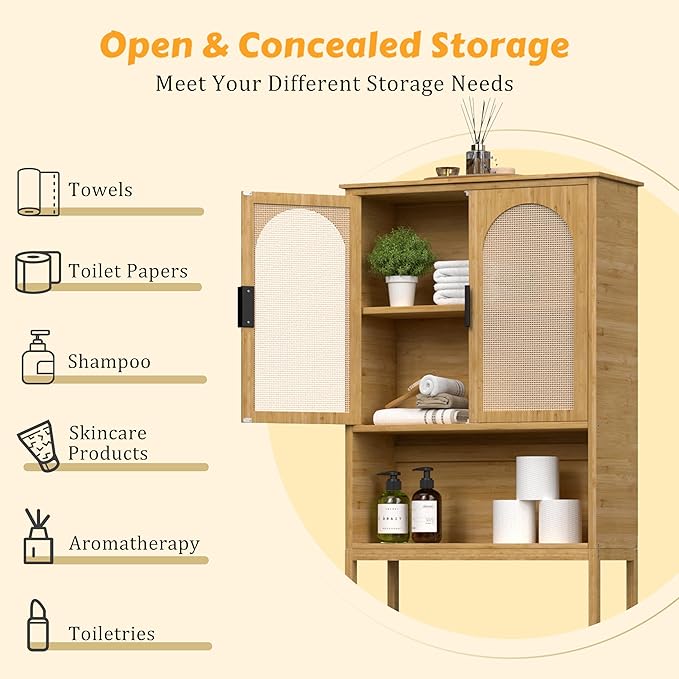 BlueWish Bathroom Organizers and Storage, Bamboo Over The Toilet Storage Cabinet with Inverted U-Shaped Door & Anti-Tip Device, Space Saver, Natural