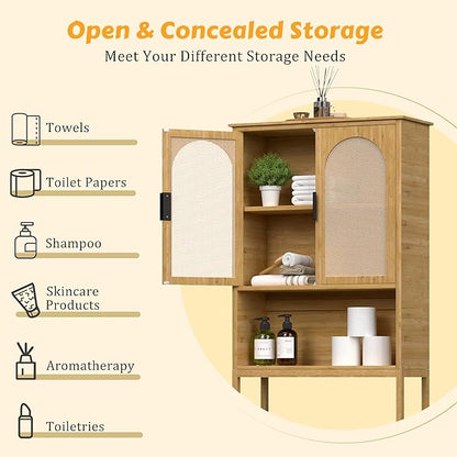 BlueWish Bathroom Organizers and Storage, Bamboo Over The Toilet Storage Cabinet with Inverted U-Shaped Door & Anti-Tip Device, Space Saver, Natural