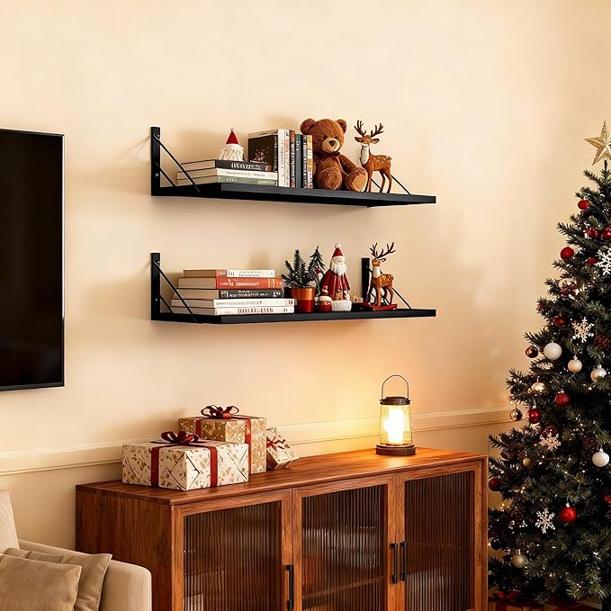 Love-KANKEI Wide Floating Shelves for Wall, Black 16" W x 12" D Large Deep Wood Wall Shelves for Storage in Bathroom, Bedroom, Living Room, and Kitchen Set of 2