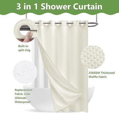 No Hook Waffle Weave Shower Curtain with Snap-in Fabric Liner,256GSM Heavy Duty Fabric Shower Curtain Set,Cream Waterproof Washable Luxury Shower Curtain for Bathroom Stall (72x75 Inch)