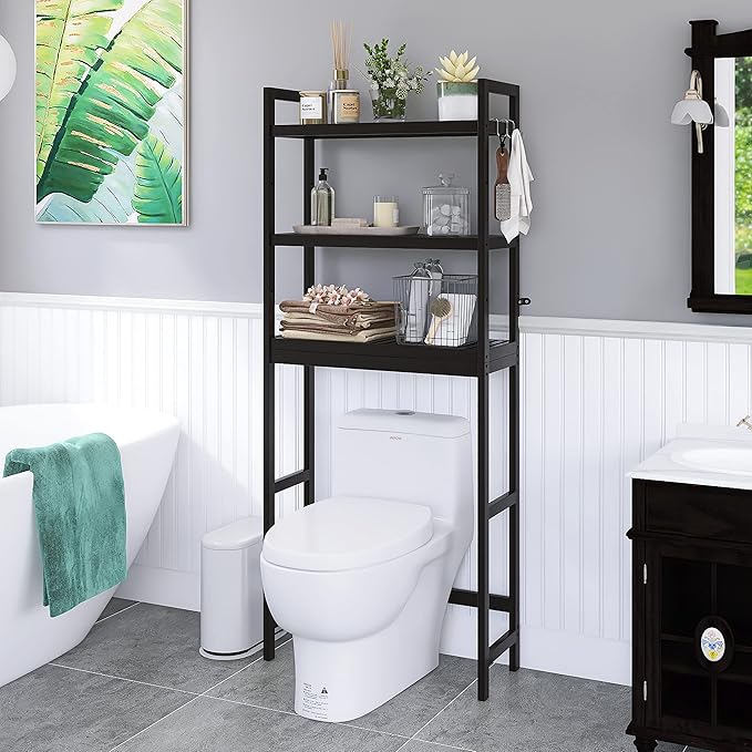 SMIBUY Bathroom Storage Shelf, Bamboo Over-The-Toilet Organizer Rack, Freestanding Toilet Space Saver with 3-Tier Adjustable Shelves (Black)