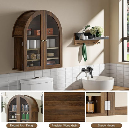 HOACT Arch Bathroom Wall Cabinet with Glass Door, 23.6" Medicine Cabinet with Adjustable Shelves, Natural Above Toilet Storage Cabinet for Kitchen, Laundry Room, Bedroom, Walnut