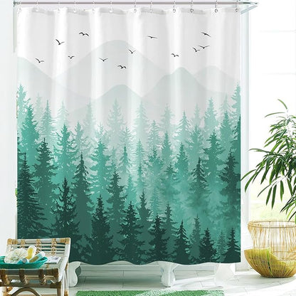 Aipon Teal Misty Forest Shower Curtain Ombre Nature Tree Plants Shower Curtains Fabric Waterproof Mountain Shower Curtain Sets for Bathroom Bath Decor with 12 Hooks (Teal, 72'' × 78'')