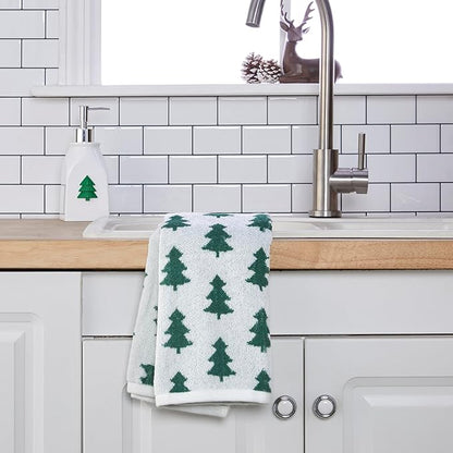 SKL Home Christmas/Winter Holiday Trees 100% Cotton Premium 2-Piece Hand Towel Set, 500 GSM, Reversible Jacquard, Soft & Absorbent, Decorative for Bath/Kitchen/Bar & Gift, Green/White