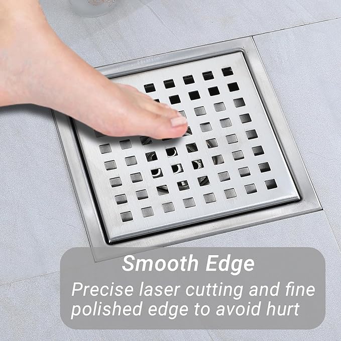4 Inch Square Shower Floor Drain, Stainless Steel Black Shower Drain Kit with Flange, Floor Drain with Removable Grid Cover,Brushed Nickel (Brushed Nickel, 4 inch)