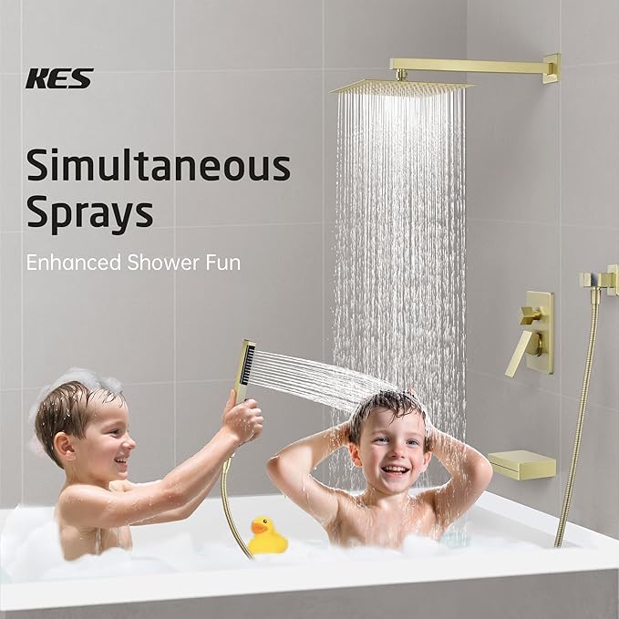 KES Bath Shower Faucet Set Tub and Shower Faucet Set Rain Shower Head with Handheld Shower System Pressure Balance Brushed Gold, XB6305F18-BZ
