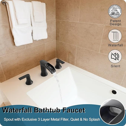 Solid Brass Waterfall Bathtub Faucets Set, 3 Hole Matte Black Tub Faucet 2 Handle, High Flow Roman Tub Faucets Widespread 6-16 Inch Deck Mount