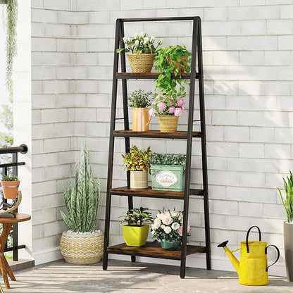 Homeiju 4-Tier Leaning Ladder Bookshelf, Rustic and Wood Ladder Shelf Bookcase, Industrial Ladder Shelf Storage Rack for Home Office, Bedroom, Bathroom or Kitchen