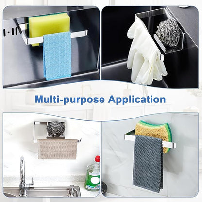 Sponge and Dish Cloth Holder for Kitchen Sink, 2 in 1 Adhesive Sink Dish Sponge Holder, Sinks Caddy Organizer Rack for Storage Sponges Scrubber Glove and Brush, Silver