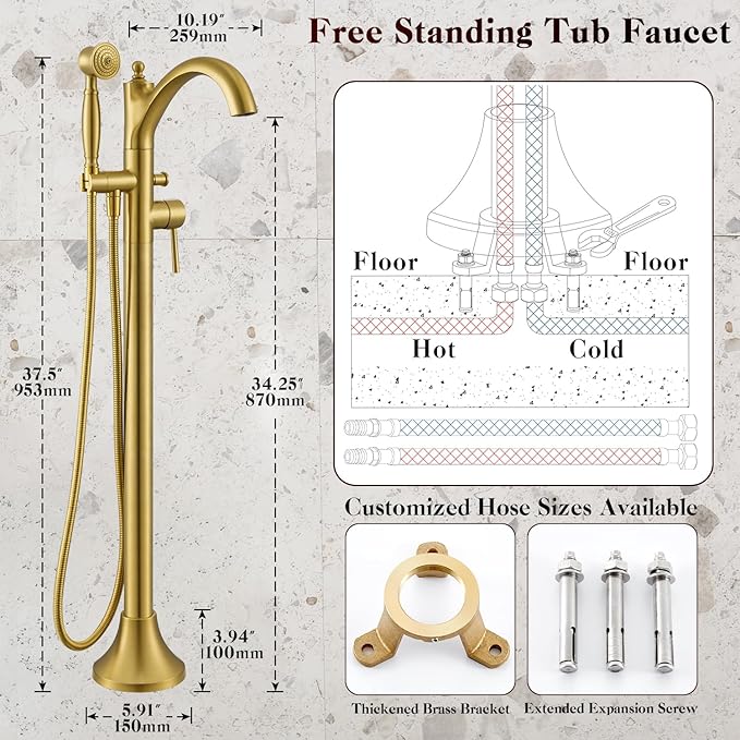 Free Standing Tub Faucet, Brushed Gold Classic Freestanding Bathtub Faucet with Vintage Hand Shower Brass High Flow Rate Floor Mount Tub Filler Swivel Spout Roman Tub Faucet Set (WT-9002BG)