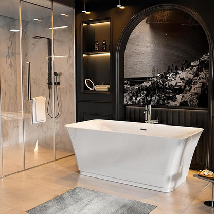 Empava 59 Inch Freestanding Bathtub - Mordern Stand Alone Soaking Tubs with Integrated Drain & Overflow System, White