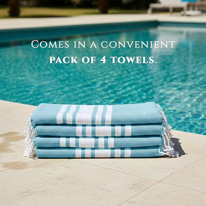 Turkish Cotton Beach Towel Pack of 4 & 1 Boho Tote Bag - Hammam Towels - No Shrink - Quick Dry - Lightweight - Sand Free - Camping - Pool - Tanning - Beach Essentials - Sky Blue (40"x70")