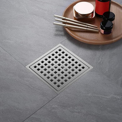 Shower Drain, Chrome 6 inch Square Shower Floor Drain with Flange, Silver Removeable Grid Panel SUS 304 Stainless Steel Square Shower Drain