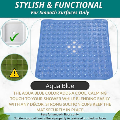 ENKOSI Square Shower Mat – 21 x 21 Inch Non-Slip Bathroom Shower Stall Mat with Suction Cups and Drain Holes – Anti-Slip Bathtub Shower Mats for Inside Shower (21x21 Aqua Blue)