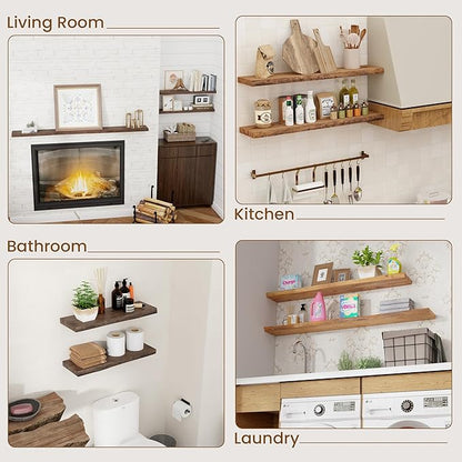 Floating Shelves for Wall Decor, Rustic Solid Elm Wood Live Edge Floating Shelves Wall Mounted, Wall Shelves with Invisible Bracket for Living Room Bathroom Bedroom Kitchen, 20 Inch Set of 2, Natural