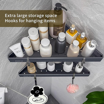 Corner Shower Shelves with Hooks, Rustproof Metal 2-Tier Shower Corner Caddy Organizer for Bathroom Toilet Kitchen, Fast Drain and Space Saving