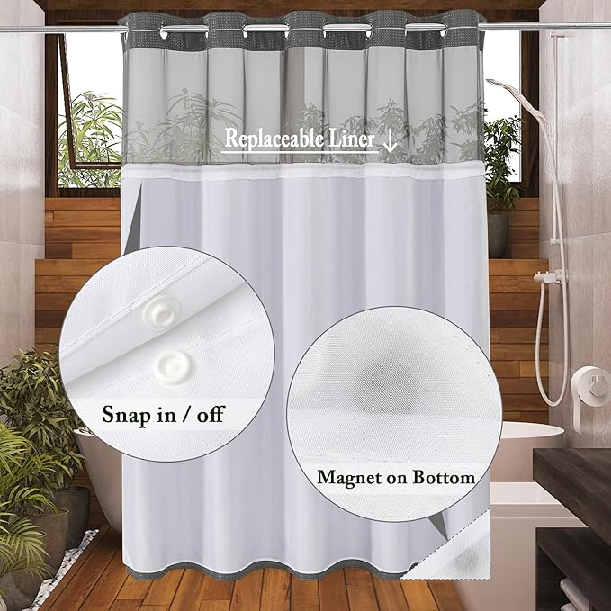 Gibelle Long Shower Curtain 72x80, Waffle Weave Bathroom Shower Curtain with Snap-in Fabric Liner Set, No Hooks Needed, Hotel Style with Mesh Top Window, Charcoal Grey