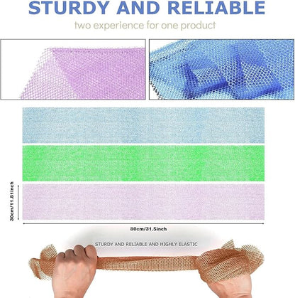 UJFQBH 3 Pieces African exfoliating net African Net Long Net Bath Sponge Exfoliating Shower Body Scrubber Back Scrubber Skin Smoother,Great for Daily Use (Purple, Blue, Green)