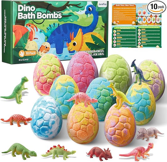 Dinosaur Bath Bombs for Kids with Surprise Inside, 10 Pack Natural Dino Eggs with Exclusive Herbivorous Dinosaur Toys, Birthday Gift Set for Boys & Girls, Dinosaur Toys for Kids Ages 3-9