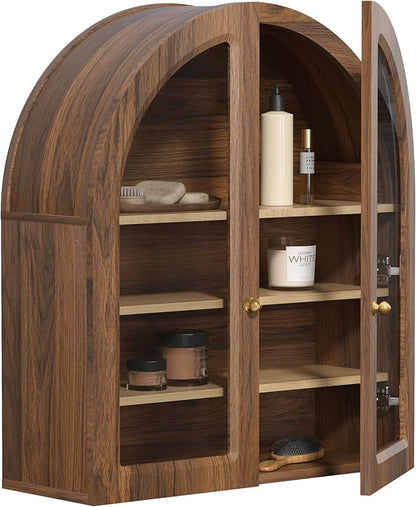 Large Arched Bathroom Wall Cabinet Wooden Medicine Cabinet with Acrylic Doors Farmhouse Wall Mounted Cupboard Display Storage Organizer for Laundry Room, Dining Room, Brown