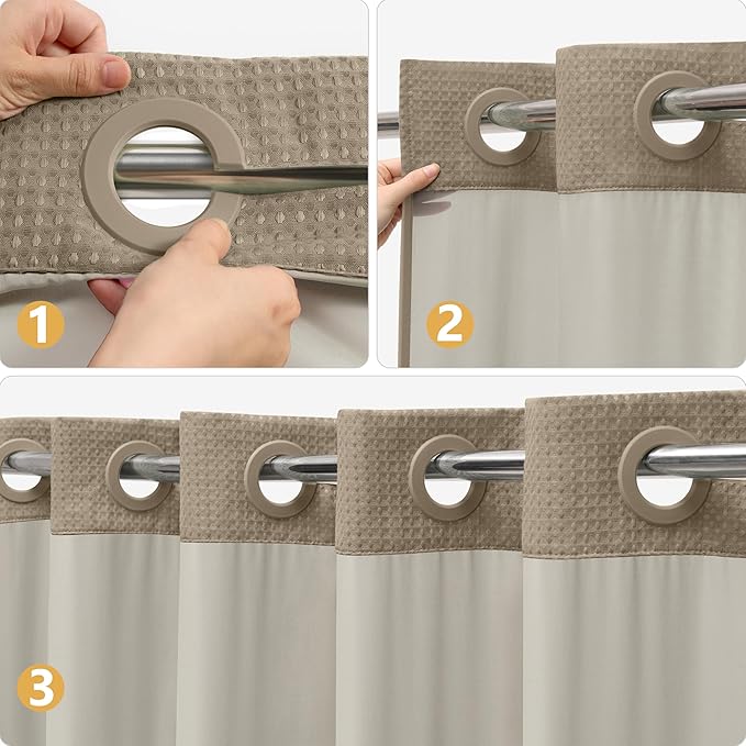 No Hook Waffle Weave Shower Curtain Set with Snap-in Fabric Liner and Mesh Top Window,256GSM Heavy Duty Fabric,Khaki Washable Luxury Shower Curtain for Bathroom Stalls (72x75 Inch)