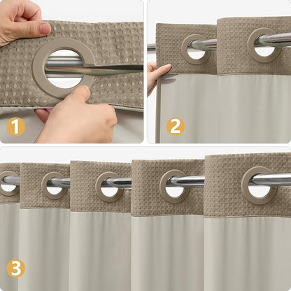 No Hook Waffle Weave Shower Curtain Set with Snap-in Fabric Liner and Mesh Top Window,256GSM Heavy Duty Fabric,Khaki Washable Luxury Shower Curtain for Bathroom Stalls (72x75 Inch)