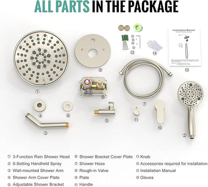 SR SUN RISE Shower Faucet - 8 Inch Multifunctional High Pressure Shower Head System with Handheld Shower Head Fixtures - Valve Included - Brushed Nickel