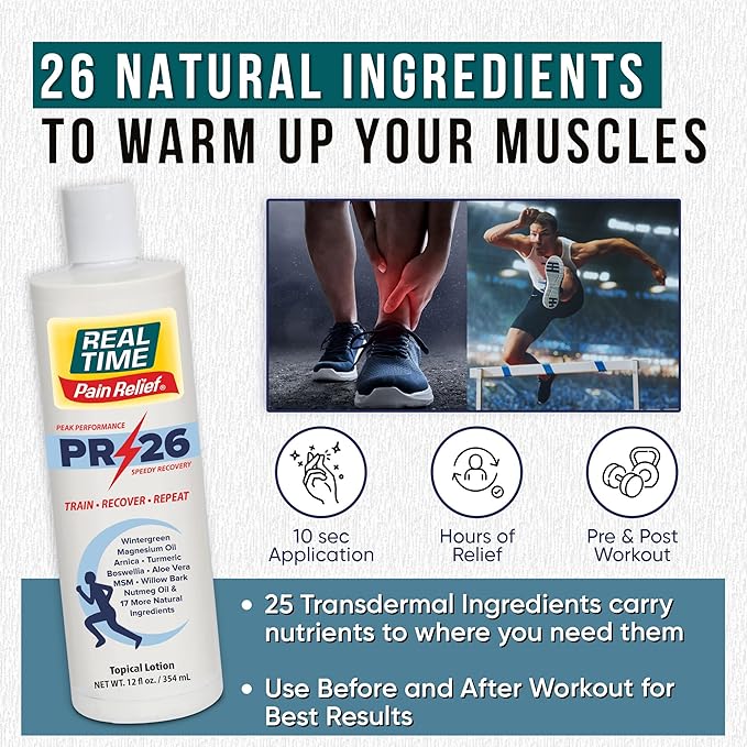 PR-26 by Real Time 12 fl oz Recovery Topical Lotion for Athletes - 26 Natural Ingredients Including Arnica, Magnesium Oil, Turmeric - Pre & Post Workout Muscle + Joint Rub for Your Athletic Lifestyle