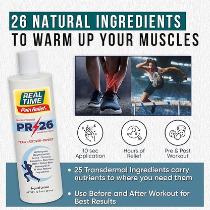 PR-26 by Real Time 12 fl oz Recovery Topical Lotion for Athletes - 26 Natural Ingredients Including Arnica, Magnesium Oil, Turmeric - Pre & Post Workout Muscle + Joint Rub for Your Athletic Lifestyle