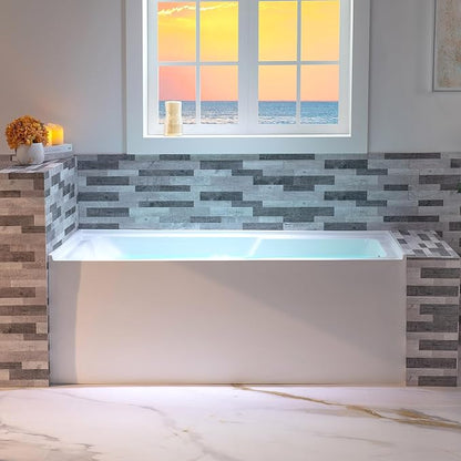 WOODBRIDGE 60" Acrylic Rectangular Alcove Soaking Bathtub in White with Right Drain, Brushed Nickel Pop-Up Drain Included BA6030R