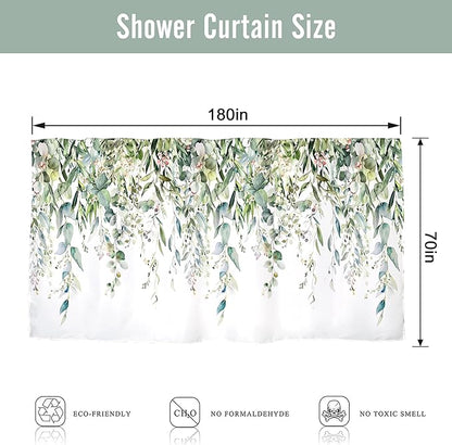 Riyidecor Clawfoot Tub Extra Wide Shower Curtain for Bathroom Decor 180Wx70H Green Eucalyptus Leaves Plants Wrap All Around Circular Round Art Printed Fabric Polyester Waterproof 32 Pack Metal
