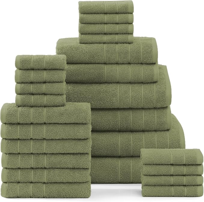 Casa Platino 100% Mercerized Cotton Bathroom Towel Set - 8 Pieces, Hotel Quality - Soft & Highly Absorbent - Ring Spun - 2 Large Bath Towels, 4 Washcloths, 2 Hand Towels - Family Pack - Oil Green