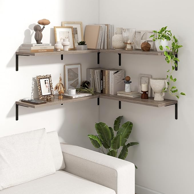 Fun Memories Deep Floating Shelves, 36W x 8D Floating Shelves Set of 2, Wall Mounted Shelf with Metal Brackets, Rustic Wood Wall Shelf for Bathroom, Kitchen and Living Room, Grey