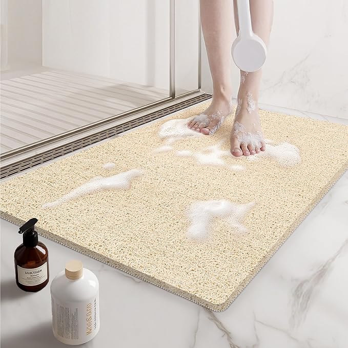 Non Slip Shower Mats for Inside Shower, 17x30 Inch, Anti-Slip Bathtub Mats for Bathroom, Foot Scrubber Loofah Bath Mats for Shower, Quick Drying Shower Stall Mats for Wet Areas (Beige)