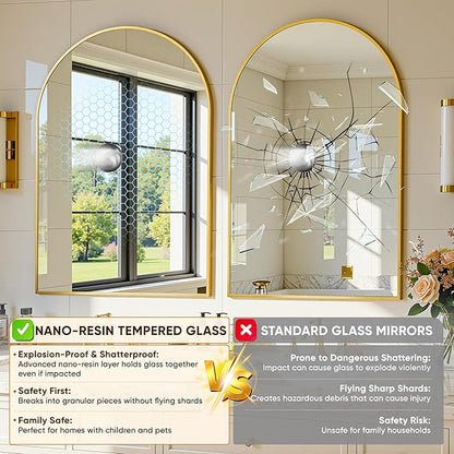 Arched Mirror 24"x36", Bathroom Mirror, Wall Mounted Vanity Mirror with Arch Metal Frame for Bathroom, Over Sink, Bedroom, Living Room, Flat Frame, Gold