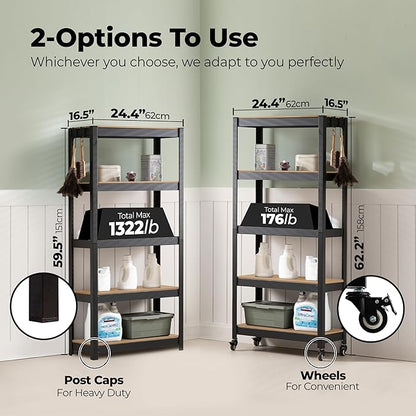 HOMEDANT House 5-Tier Metal Rolling Cart Shelf Rack Casters Heavy Duty Laminated Wheel Shelving Unit Adjustable Utility Storage Shelves Organizer Shelf Kitchen Garage (10, (S) 24.4" W, Black)