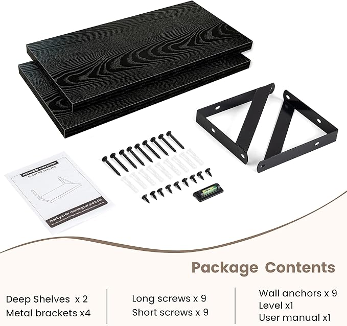 Dreamland Deep Floating Shelves for Wall, 16W x 8D Wall Mounted Shelves Set of 2, Floating Shelves Bedroom with Sturdy Metal Brackets for Living Room, Bathroom and Kitchen, Black
