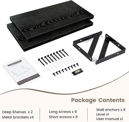 Dreamland Deep Floating Shelves for Wall, 16W x 8D Wall Mounted Shelves Set of 2, Floating Shelves Bedroom with Sturdy Metal Brackets for Living Room, Bathroom and Kitchen, Black