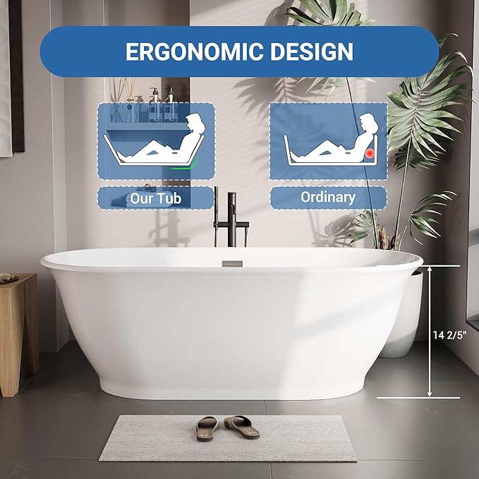 67 Inch Acrylic Freestanding Bathtub, Bathtub with Matte Drain and Overflow, Modern Square Tub, Deep Ergonomic Design, cUPC Certified, Double-Walled Insulation, Easy Install and Safe Use, White