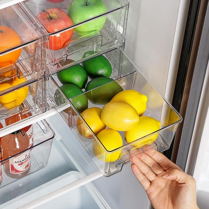 Vtopmart 6 Pack Stackable Storage Drawers,Clear Acrylic Drawer Organizers with Handles, Easily Assemble Containers for Fridge, Bathroom,Kitchen Undersink,Cabinet,Pantry Organization and Storage