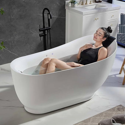 Empava Update Acrylic Whirlpool Bathtub, 59 Inch Acrylic Freestanding Jetted Tub, Hydromassage Gracefully Oval Shaped with 16 Hydromassage Jets with Lumbar and Neck Support, Black Pillow, No faucet